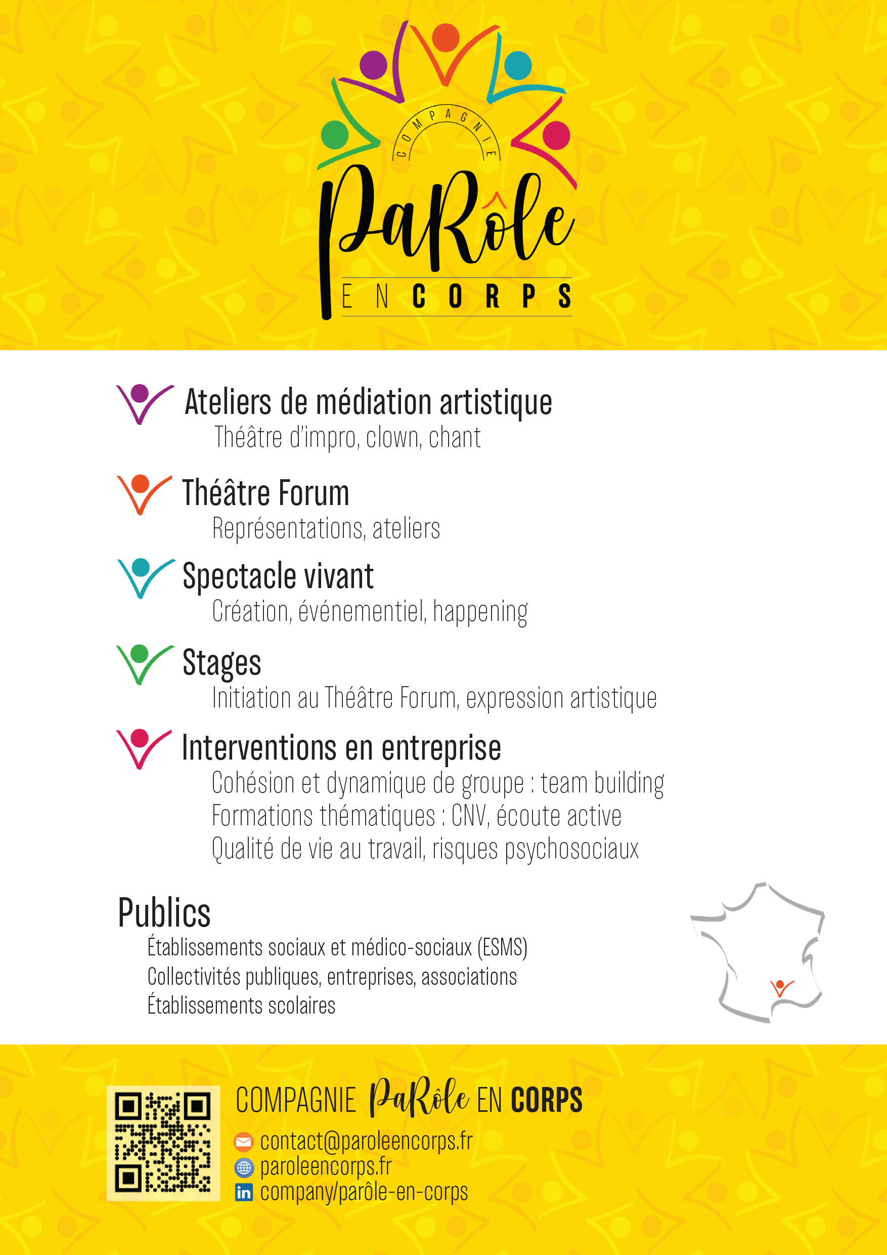 COMPAGNIE PaRôle en Corps
Ateliers de médiation artistique
Théâtre d’impro, clown, chant
Théâtre Forum
Représentations, ateliers
Interventions en entreprise
Cohésion et dynamique de groupe : team building
Formations thématiques : CNV, écoute active
Qualité de vie au travail, risques psychosociaux
Spectacle vivant
Création, événementiel, happening
Stages
Initiation au Théâtre Forum, expression artistique
Publics
Établissements sociaux et médico-sociaux (ESMS)
Collectivités publiques, entreprises, associations
Établissements scolaires
